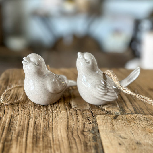 Anhänger Deko "Vogelduett" Vögel Porzellan beige 2er Set