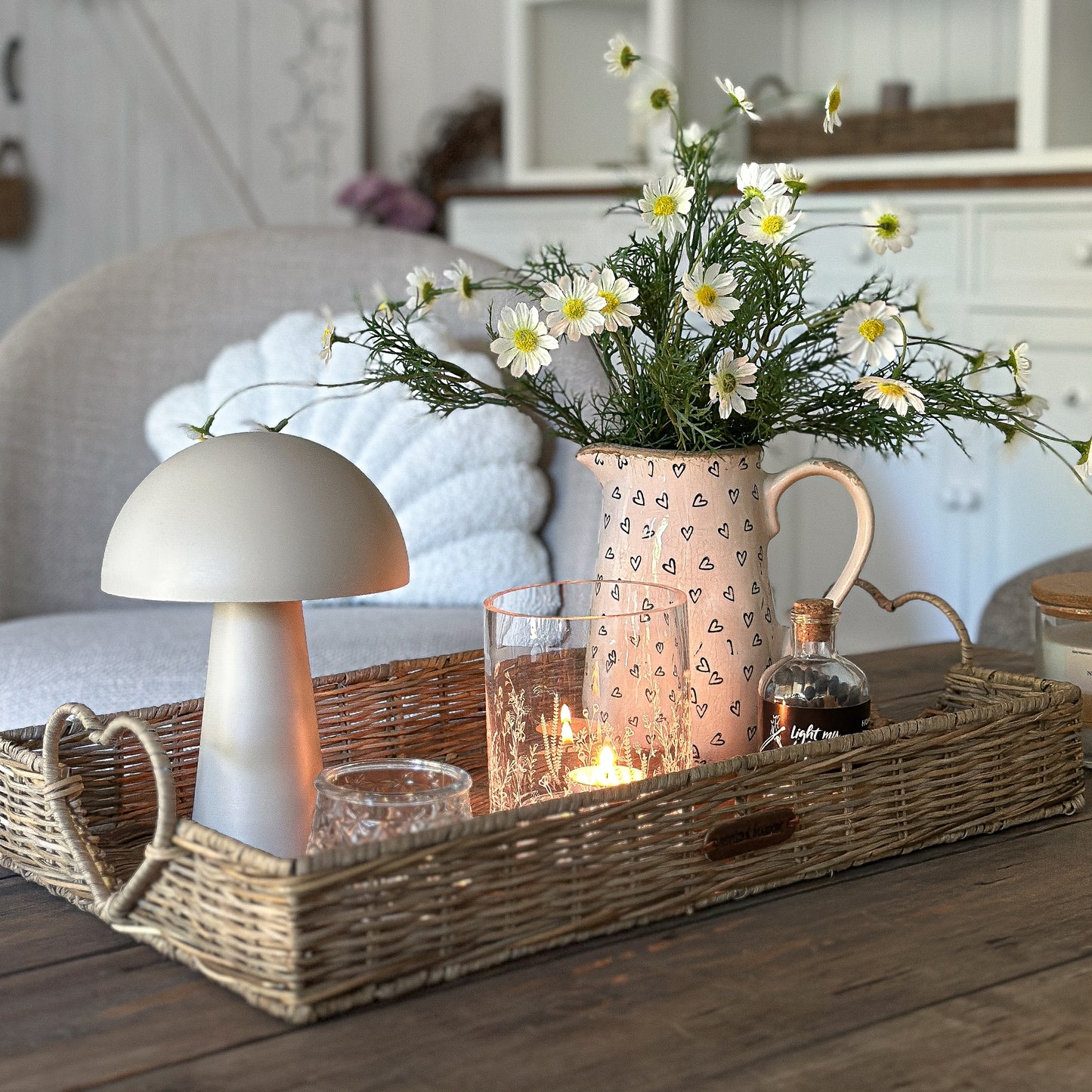 Tablett Korb "Happy Heart" Herzgriff Rattan Rustic Natur 51cm