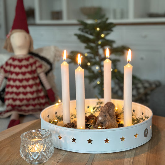 Kerzenhalter Schale für Stabkerzen "Sterne" Metall Rund Weiß 30cm - Wohnen auf dem Land