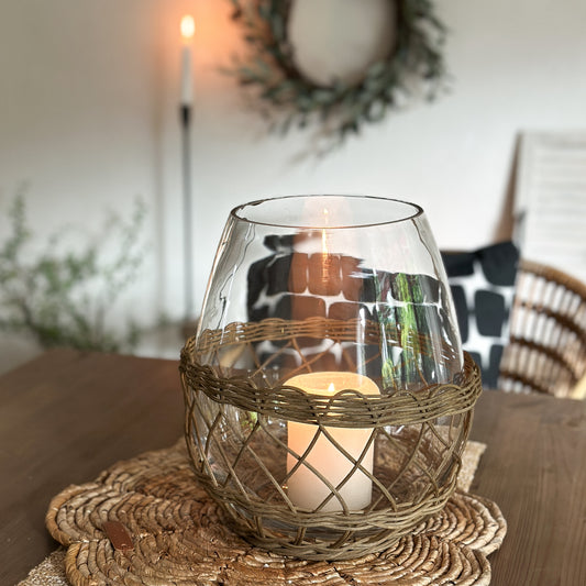 Windlicht Glasvase "Valerie" Glas Rattan Rustic 28cm