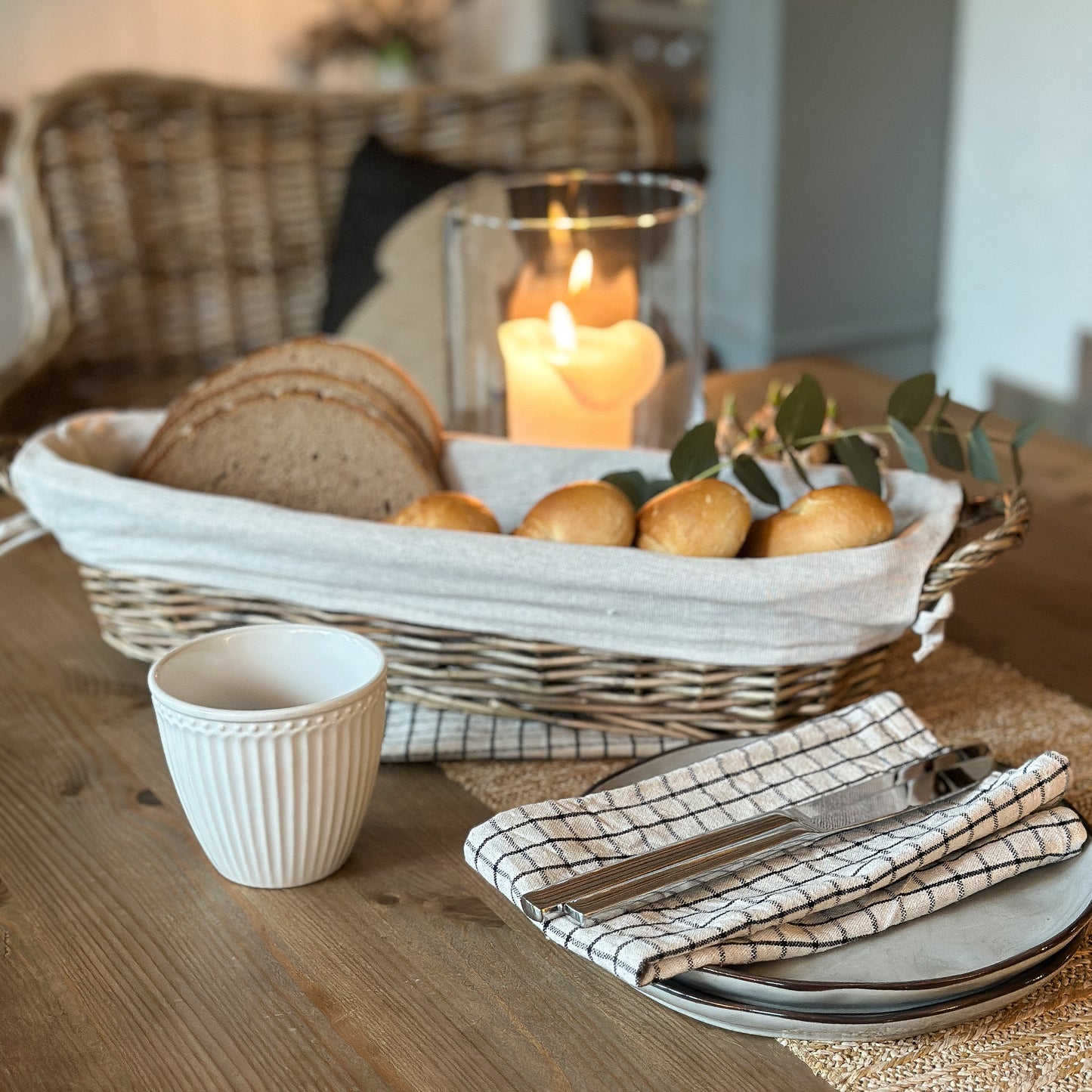 Baguette-Korb mit Beutel "Brotzeit Natur" Weide/Canvas