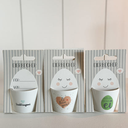 Eierbecher mit Spruch “Frühstücksgruß” Geschenk-Set 3 Designs