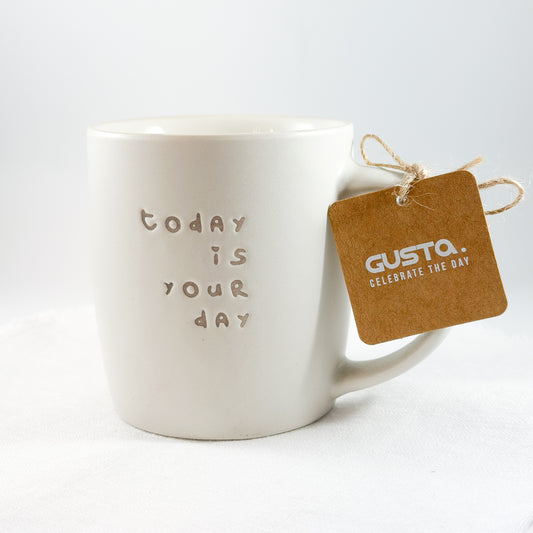 Becher Tasse Mok "Your Day" Keramik Beige