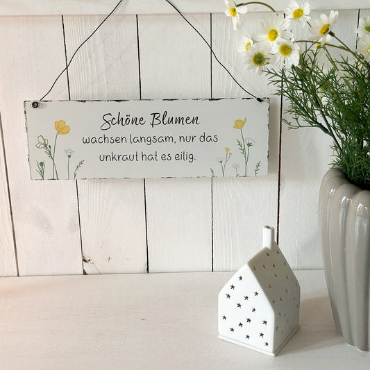 Schild Aufhänger "Schöne Blumen" Metall Vintage Weiß Bunt - Wohnen auf dem Land