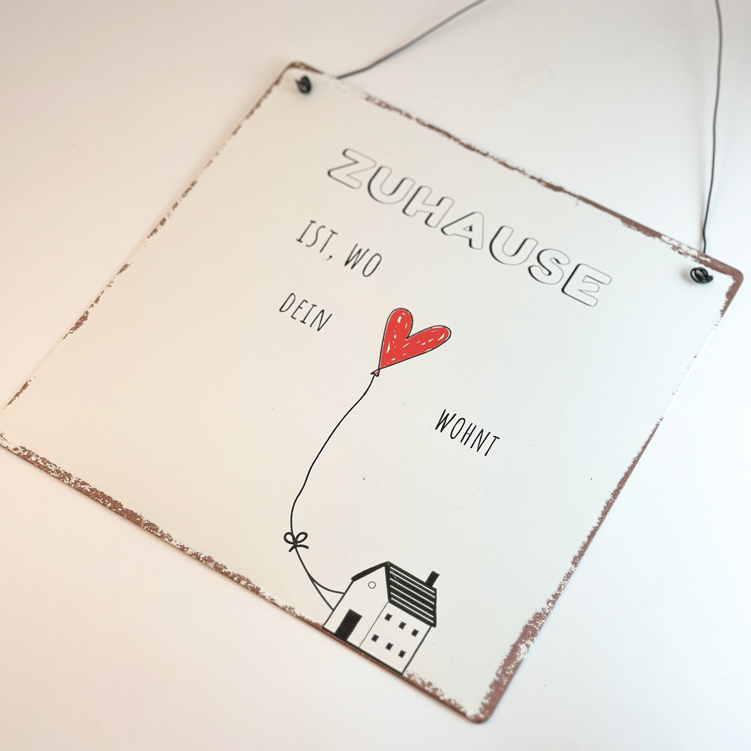 Schild Aufhänger "Zuhause" Metall Vintage Weiß - Wohnen auf dem Land