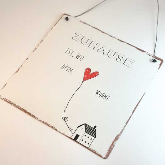 Schild Aufhänger "Zuhause" Metall Vintage Weiß - Wohnen auf dem Land