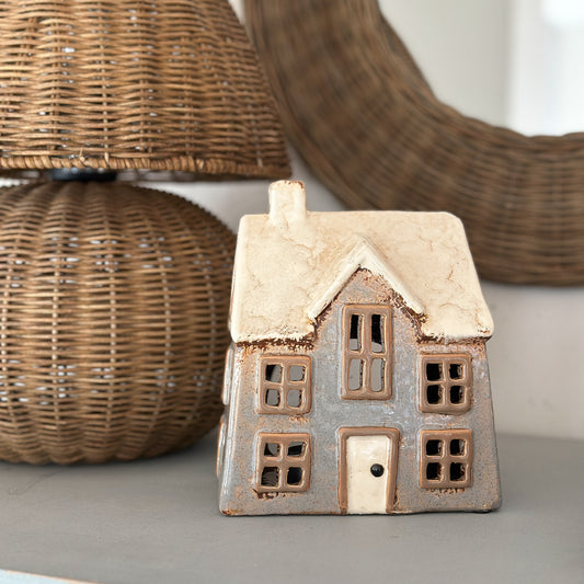 Haus Teelichthalter "Arvid" Keramik Grau Beige 17cm