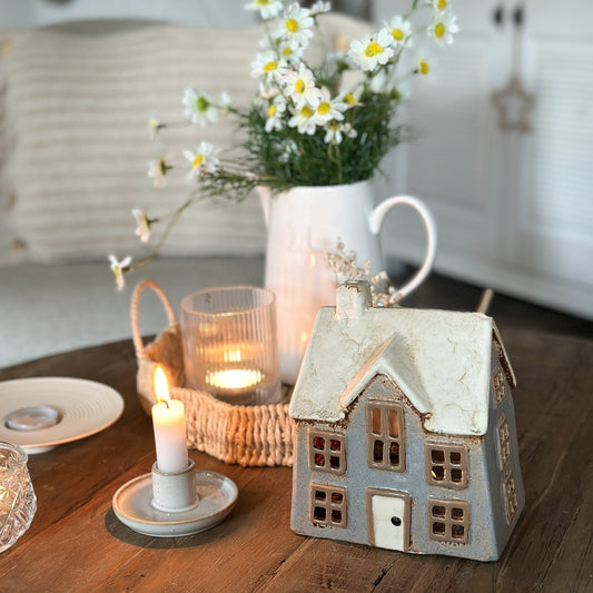 Haus Teelichthalter "Arvid" Keramik Grau Beige 17cm