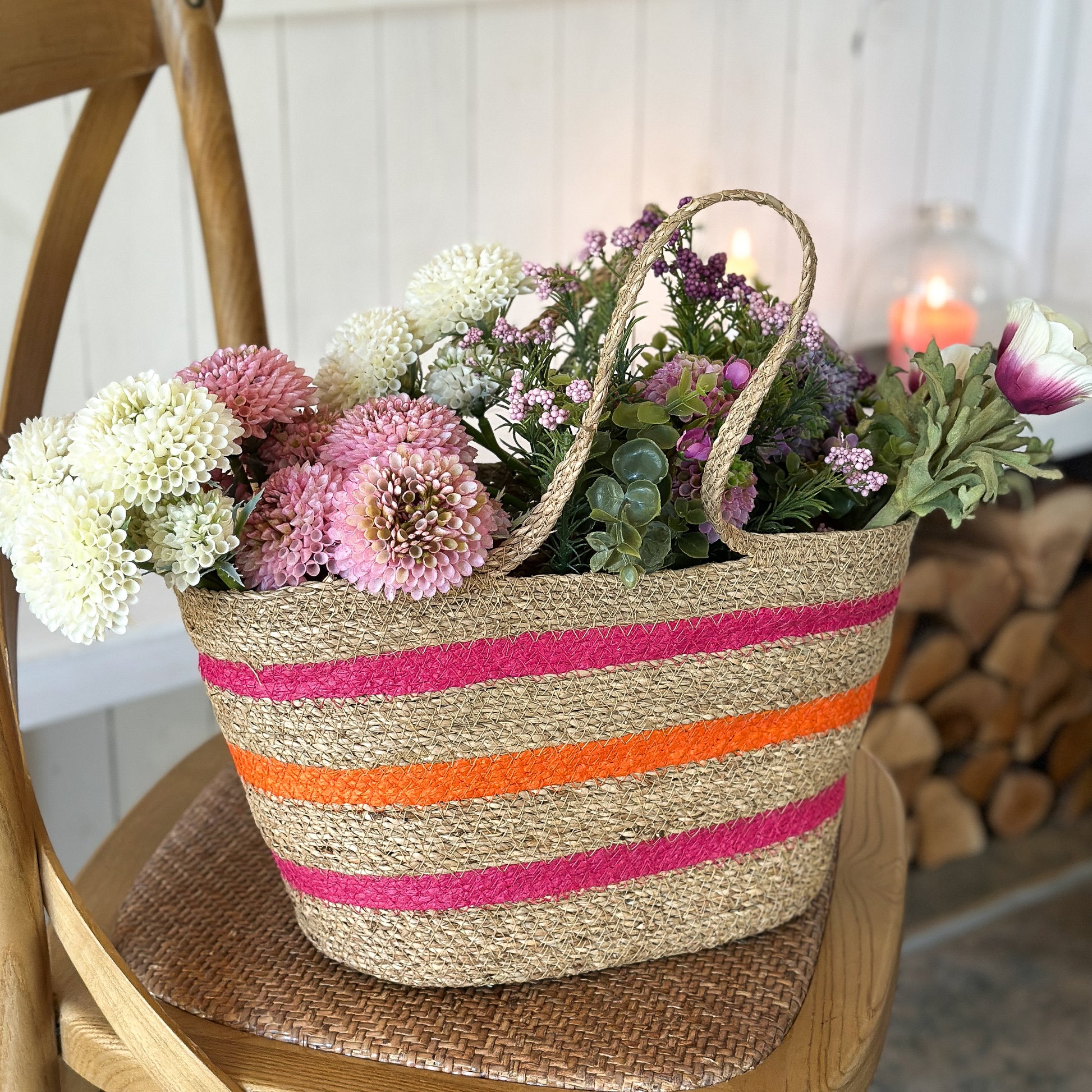Bunte Tasche mit Einlage "Sunny Stripe" aus Seegras in Natur und Bunt, 37cm, von Wohnen auf dem Land.