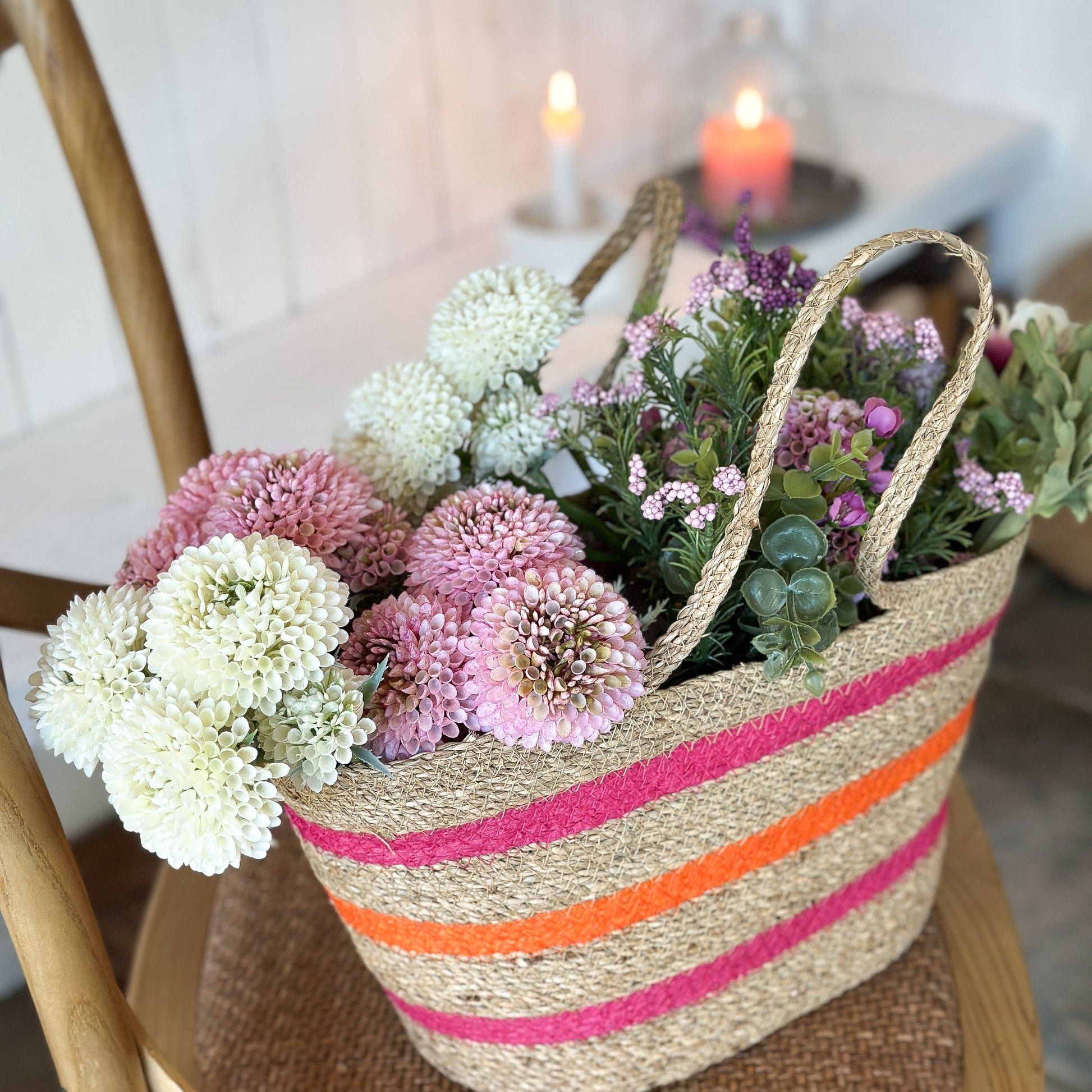 Bunte Tasche mit Einlage „Sunny Stripe“ aus Seegras in Naturfarben, 37 cm, von Wohnen auf dem Land, detailreiche Oberfläche