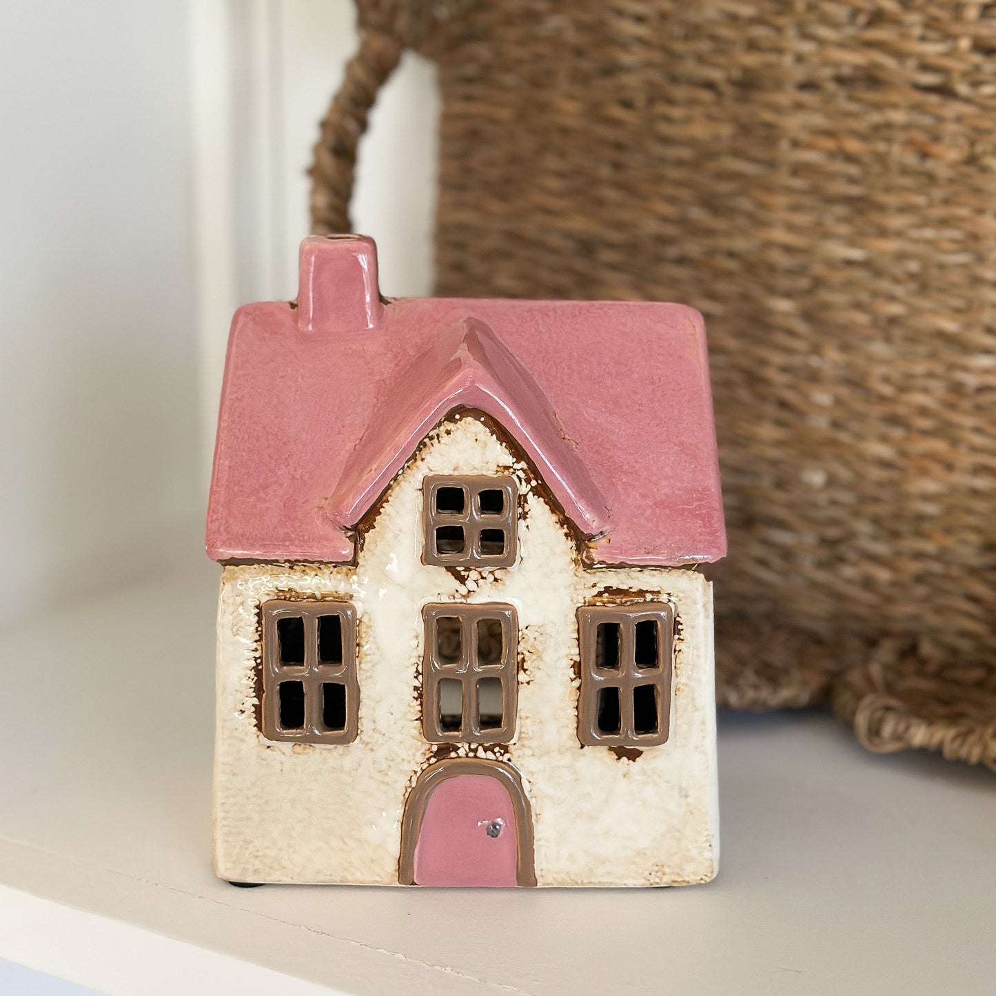 Haus Teelichthalter "Maja" Keramik Beige Rosa 16cm