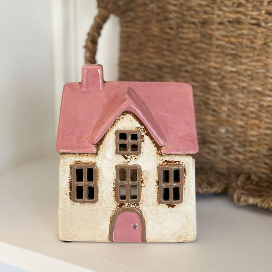 Haus Teelichthalter "Maja" Keramik Beige Rosa 16cm