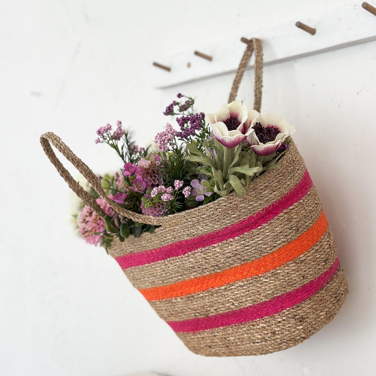 Bunte Tasche mit Einlage "Sunny Stripe" aus Seegras in Naturfarben, 37 cm von Wohnen auf dem Land, handgefertigt.