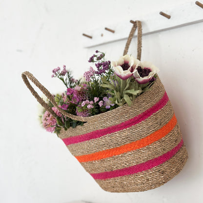Bunte Tasche mit Einlage "Sunny Stripe" aus Seegras in Naturfarben, 37 cm von Wohnen auf dem Land, handgefertigt.