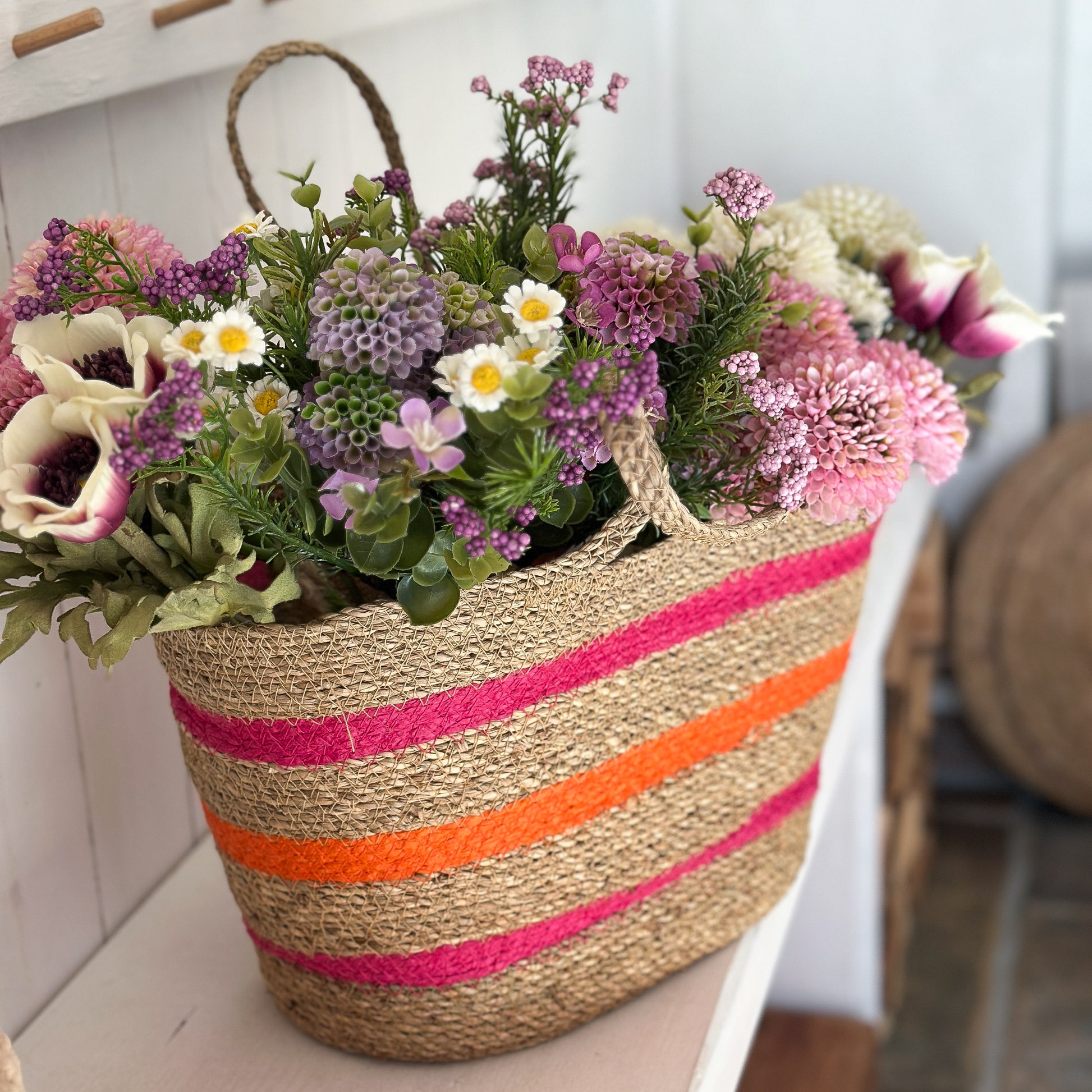 Bunte Tasche mit Einlage "Sunny Stripe" aus Seegras in Naturfarben, ca. 37 cm, von Wohnen auf dem Land.
