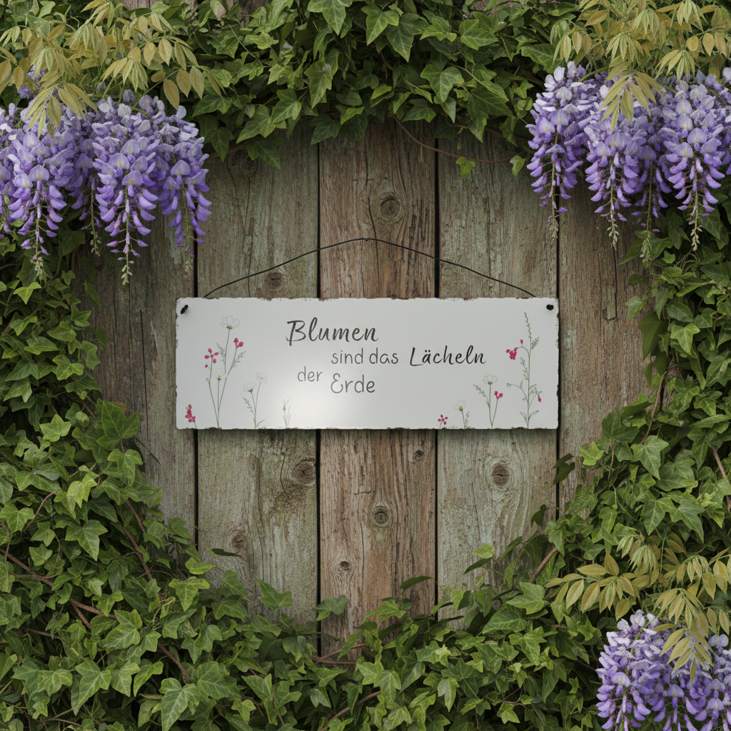 Schild Aufhänger "Blumen Lächeln" Metall Vintage Weiß Rot