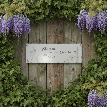 Schild Aufhänger "Blumen Lächeln" Metall Vintage Weiß Rot