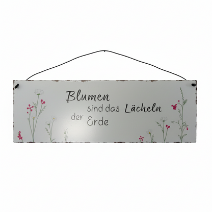 Schild Aufhänger "Blumen Lächeln" Metall Vintage Weiß Rot