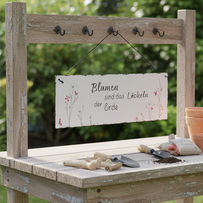 Schild Aufhänger "Blumen Lächeln" Metall Vintage Weiß Rot