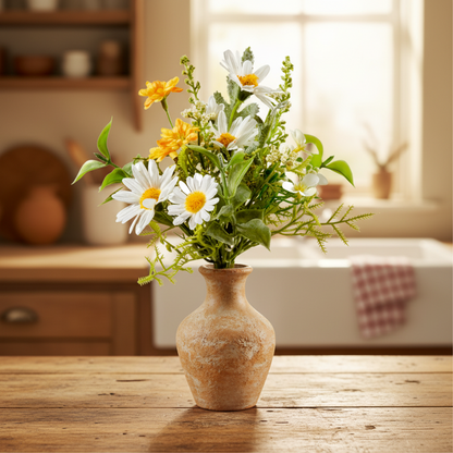 Künstlicher Blumenstrauß "Wiesenfreude" in Blumenvase, weiß und gelb, 22 cm hoch, von Wohnen auf dem Land