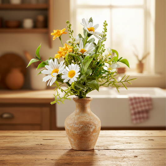 Künstlicher Blumenstrauß "Wiesenfreude" in Blumenvase, weiß und gelb, 22 cm, von Wohnen auf dem Land, mit bunten Wiesenblumen.
