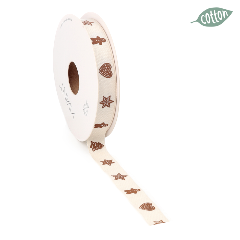 Dekoband "Sterne Herzen Lebkuchen" Baumwolle Natur Braun 15mm