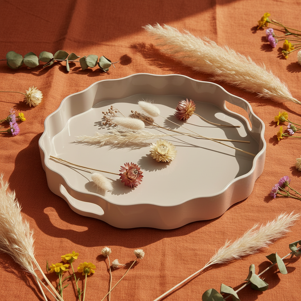 Graues Kunststoff-Dekotablett in Wellenform "Bloom" von Wohnen auf dem Land, 33 cm groß, auf einer Tischoberfläche.
