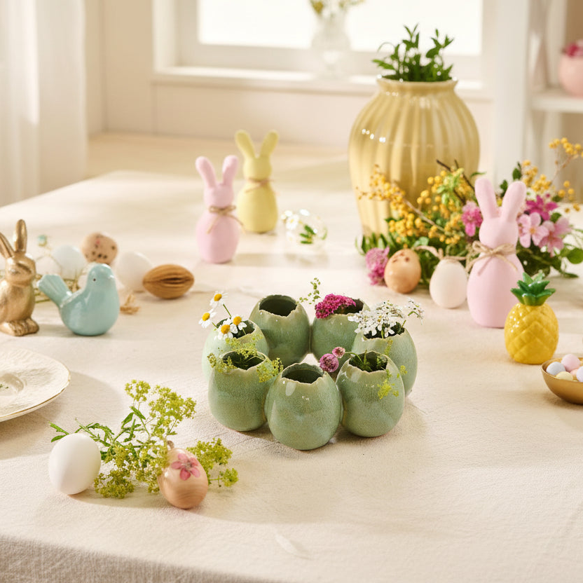 Vase Eierkranz "Frühlingsgruß" Keramik glasiert Grün