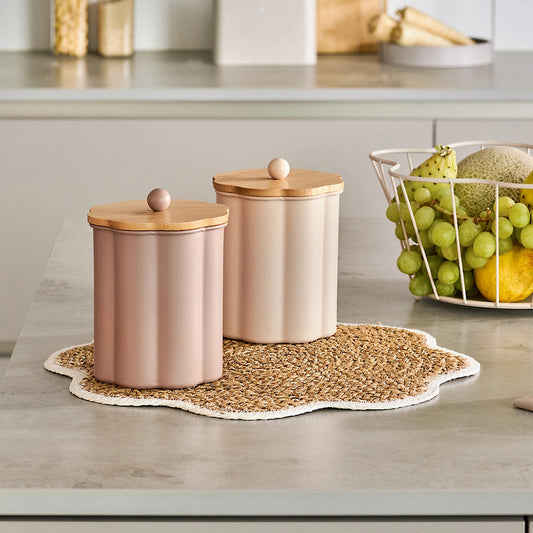 Beige Vorratsdose aus Metall mit Bambusdeckel, 1000 ml, von Wohnen auf dem Land, ideal für Lebensmittelaufbewahrung