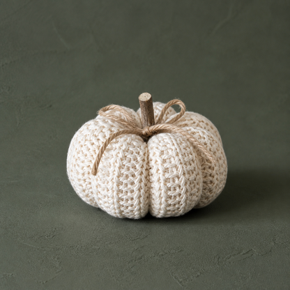 Ein einzelner gestrickter Deko-Kürbis "Alba" in Creme