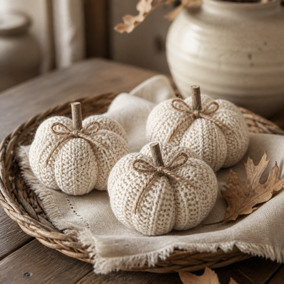 Drei gestrickte Deko-Kürbisse "Alba" auf einem herbstlichen Landhaus-Tablett
