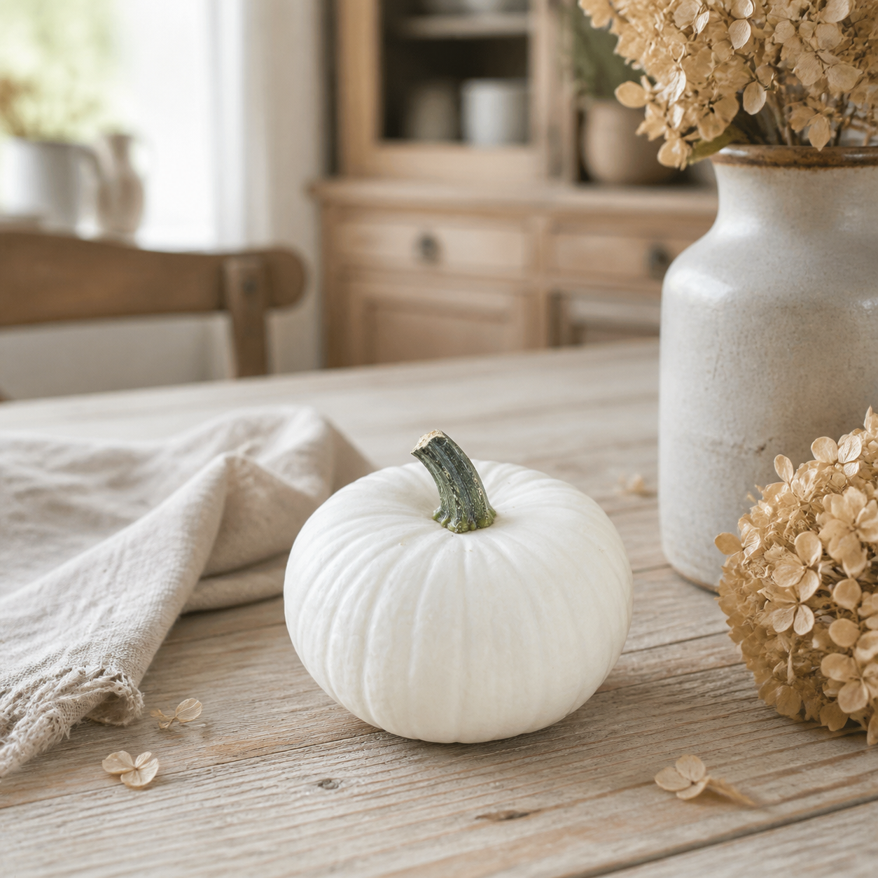 Großer Baby Boo Kürbis in heller natürlicher Herbstdekoration