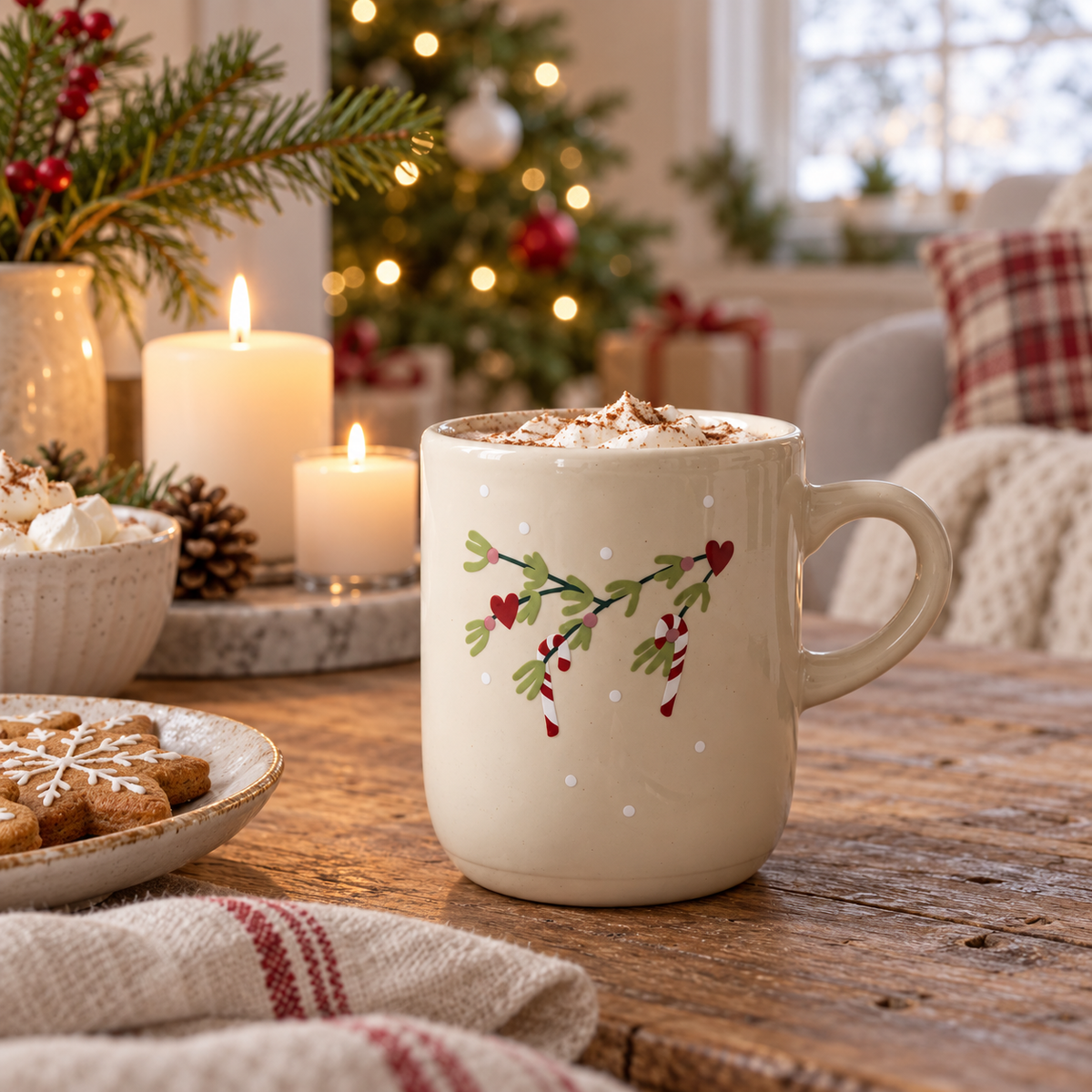 Becher „Julefred“ Zuckerstangen Creme 9,5cm im weihnachtlichen Landhausambiente