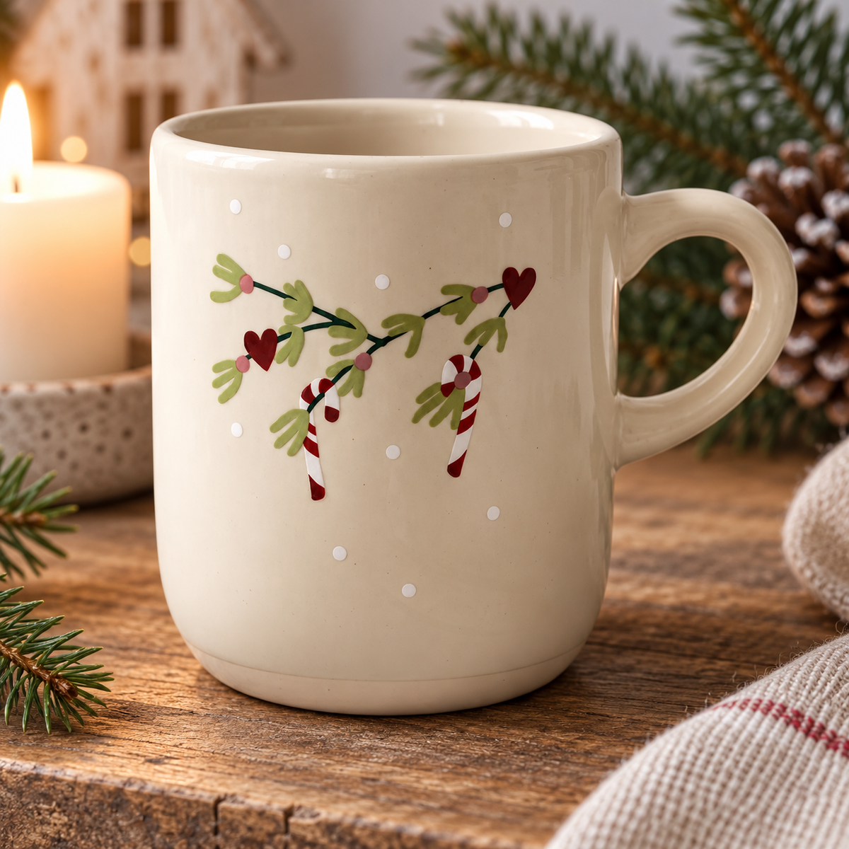 Becher „Julefred“ Zuckerstangen Creme 9,5cm in einer winterlichen Nahaufnahme