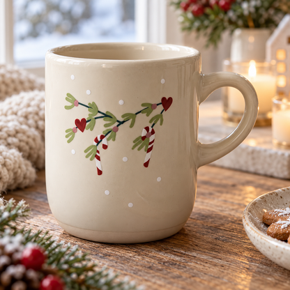 Becher „Julefred“ Zuckerstangen Creme 9,5cm aus anderer Perspektive im winterlichen Setting