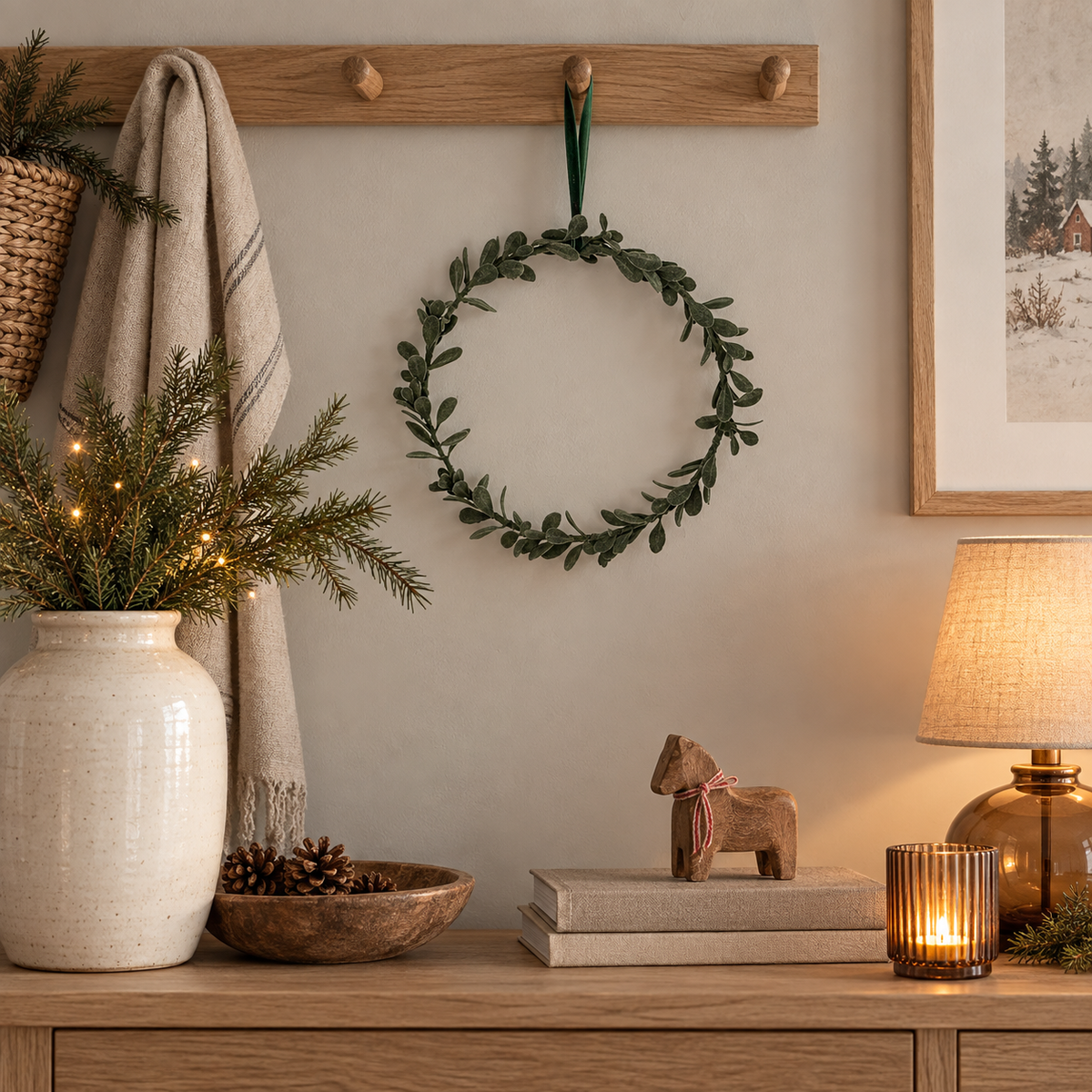 Zierlicher Blätterkranz Misty Green an einer Hakenleiste über einem winterlich dekorierten Sideboard