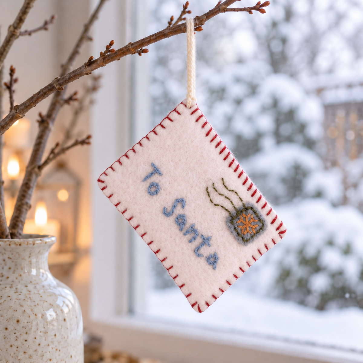 Filz-Briefanhänger Weihnachtspost mit To-Santa-Stickerei, natürlich an seiner Eckschlaufe an einem Zweig vor dem Winterfenster hängend.