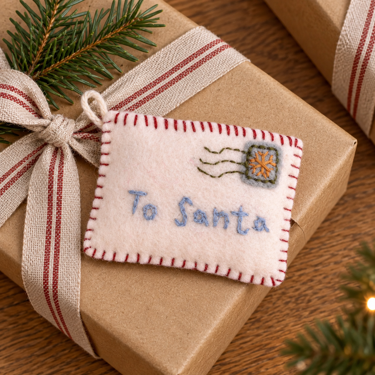Filz-Briefanhänger Weihnachtspost mit gesticktem Schriftzug To Santa zwischen weihnachtlich verpackten Geschenken.