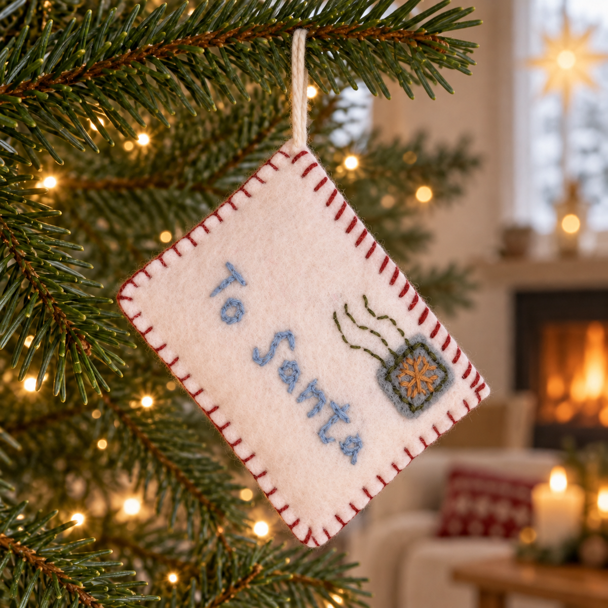 Filz-Briefanhänger Weihnachtspost mit To-Santa-Stickerei, natürlich an seiner Eckschlaufe am Tannenbaum hängend.