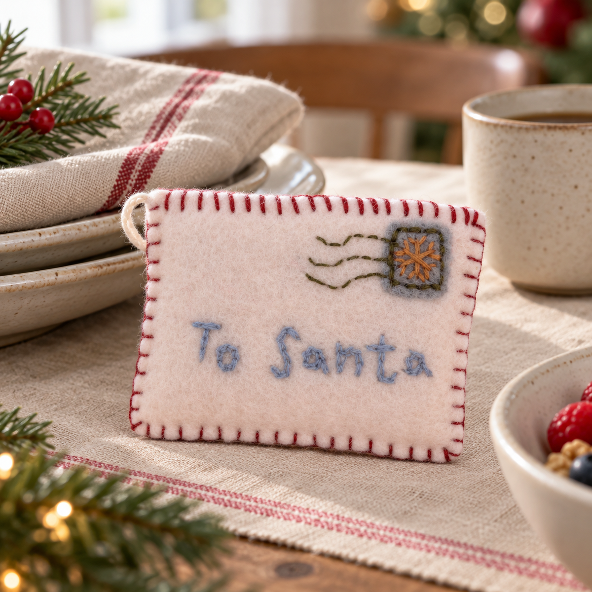 Filz-Briefanhänger Weihnachtspost mit gesticktem Schriftzug To Santa auf einem gemütlich gedeckten Tisch.
