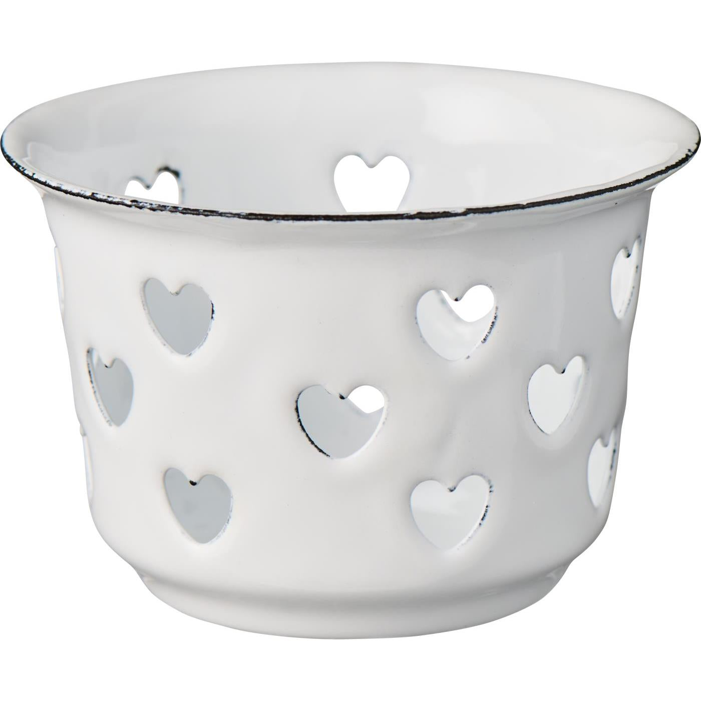 Teelichthalter Candle Kiss Weiß aus Emaille mit Herz-Ausstanzungen