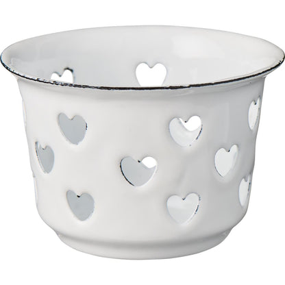 Teelichthalter Candle Kiss Weiß aus Emaille mit Herz-Ausstanzungen