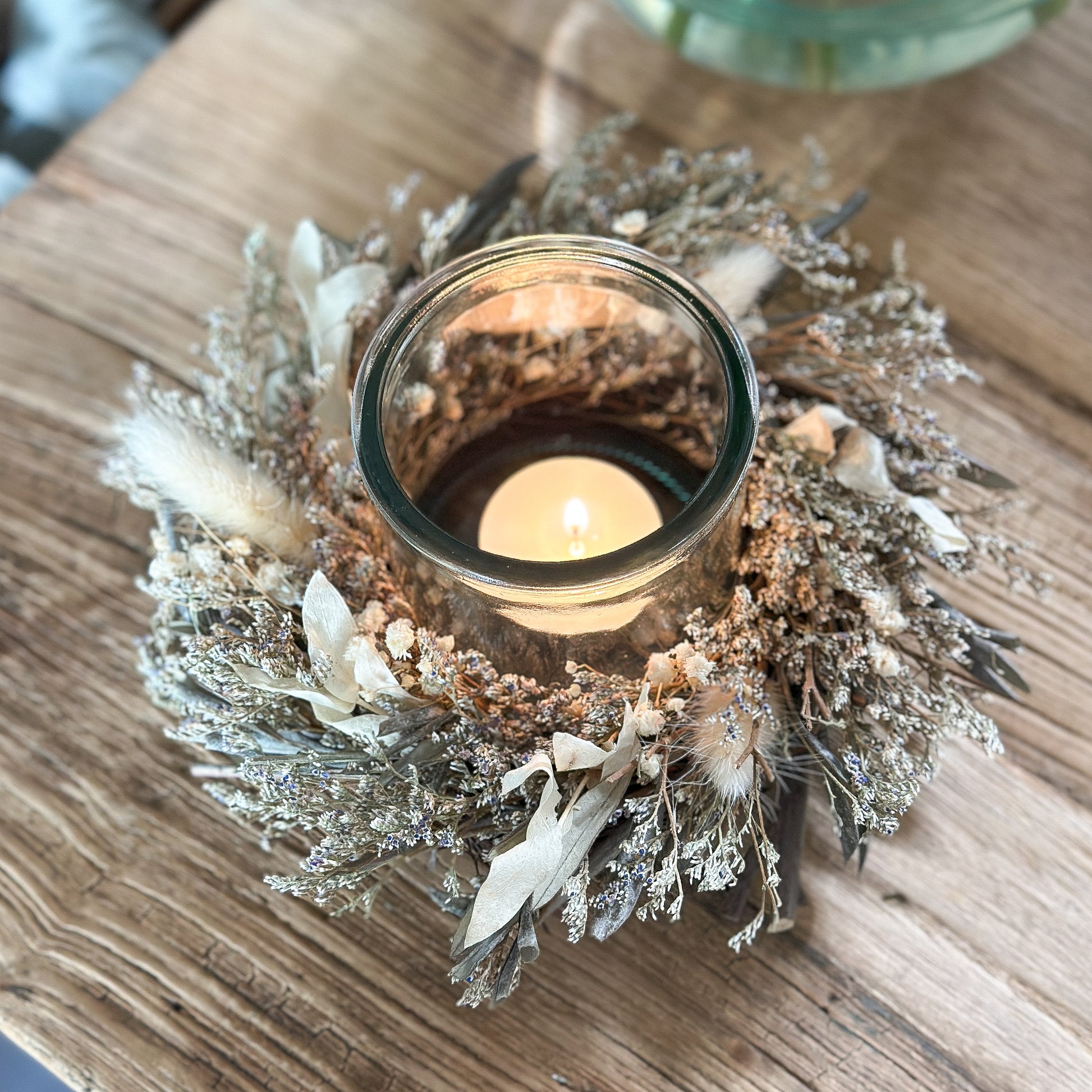 Windlicht Kranz "Romantic" Trockenblumen Glas 20cm - Wohnen auf dem Land