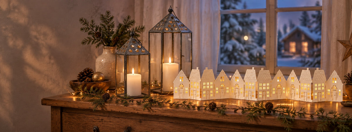 Christmas Hygge: Sternenlicht-Laternen, beleuchtete Papierhäuser Wintergasse und Zederngirlande am winterlichen Fenster.