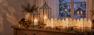 Christmas Hygge: Sternenlicht-Laternen, beleuchtete Papierhäuser Wintergasse und Zederngirlande am winterlichen Fenster.