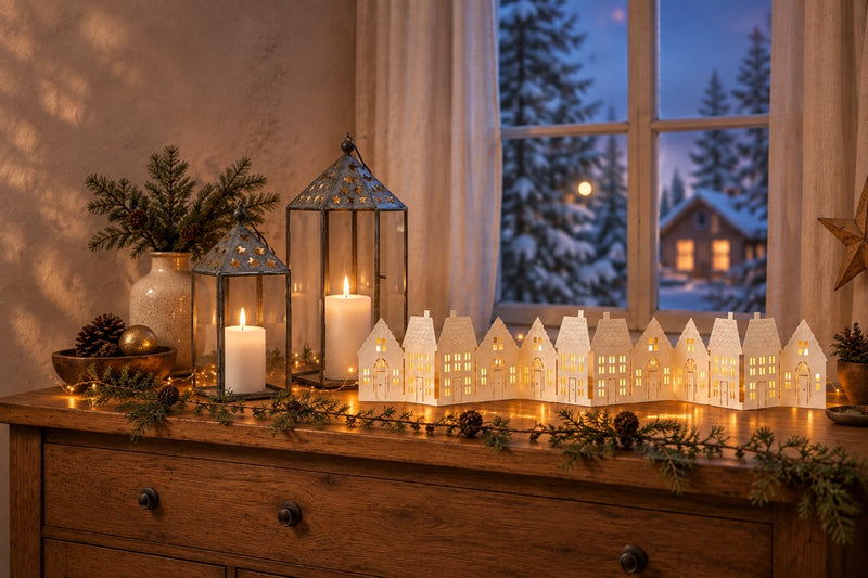 Christmas Hygge: Sternenlicht-Laternen, beleuchtete Papierhäuser Wintergasse und Zederngirlande am winterlichen Fenster.