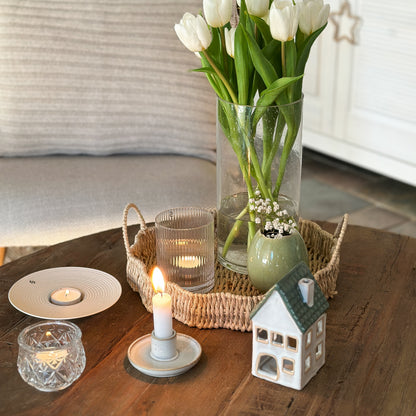 Haus Teelichthalter "Smilla" aus grauer und grüner Keramik, 13cm, von Clayre & Eef, dekorativer Kerzenhalter