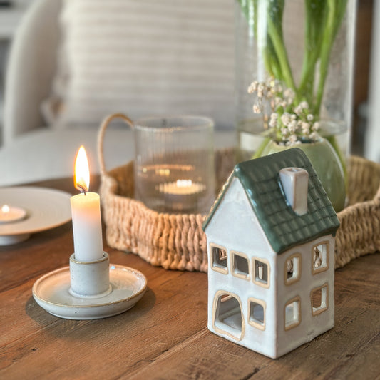 Haus Teelichthalter "Smilla" Keramik Grau Grün 13cm