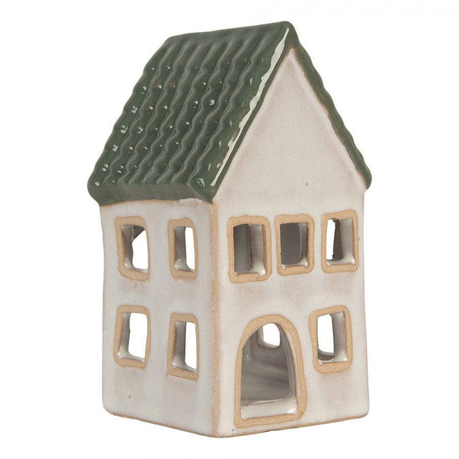 Kerzenhalter "Smilla" aus grauer und grüner Keramik, 13cm hoch, von Clayre & Eef, für Teelichter auf einem Tisch.