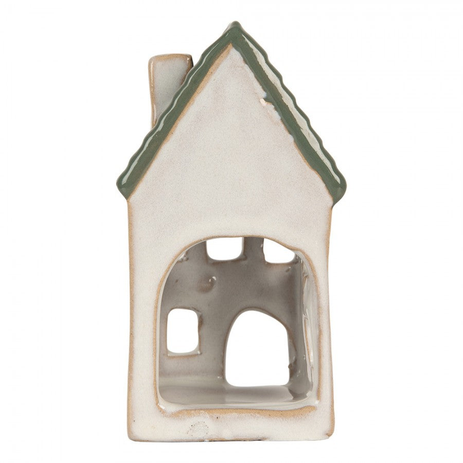 Haus Teelichthalter "Smilla" aus grauer und grüner Keramik von Clayre & Eef, 13 cm hoch, stilvoller Kerzenhalter für Zuhause